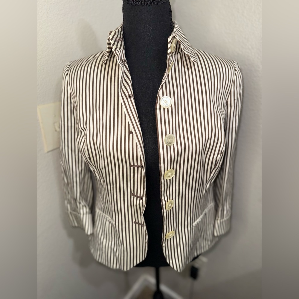 LAUREN Ralph‎ Lauren Brown and White Striped Cotton/Silk Blend Blazer- Size 4